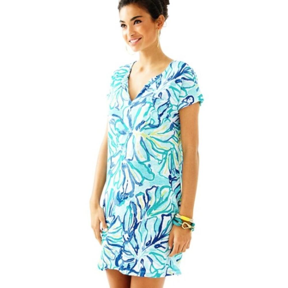 LILLY PULITZER Duval Cap Sleeved Linen T-shirt Mini Dress Pool Blue Stay Cool XS